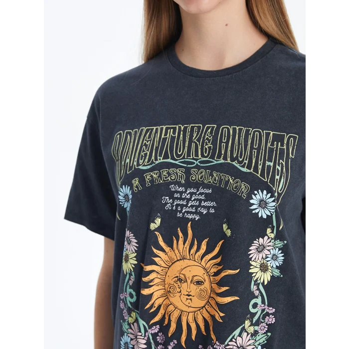 XSIDE Antrasit Bisiklet Yaka Baskılı Kadın Tişört