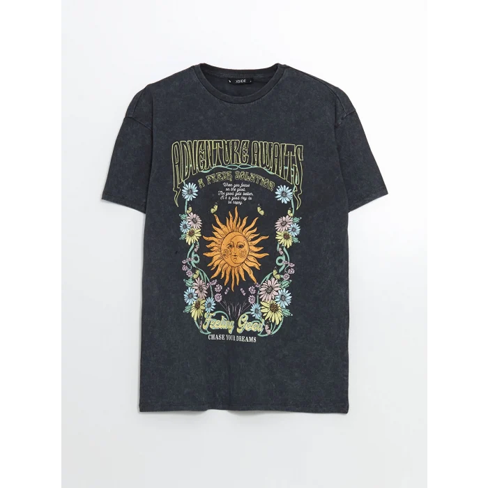 XSIDE Antrasit Bisiklet Yaka Baskılı Kadın Tişört