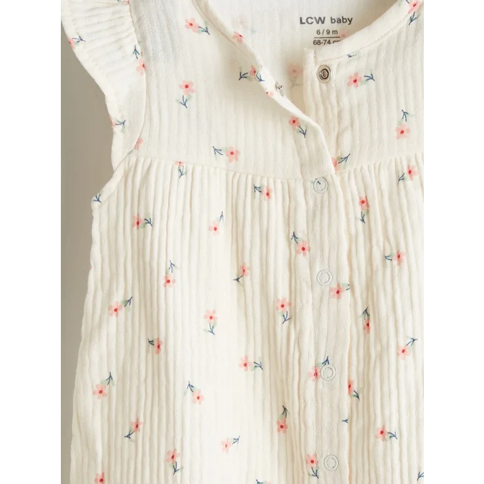 LCW baby Ekru Bisiklet Yaka Çiçekli Kız Bebek Tulum ve Saç Bandı