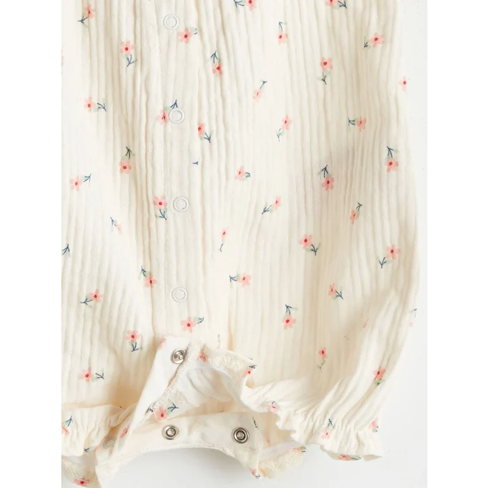 LCW baby Ekru Bisiklet Yaka Çiçekli Kız Bebek Tulum ve Saç Bandı