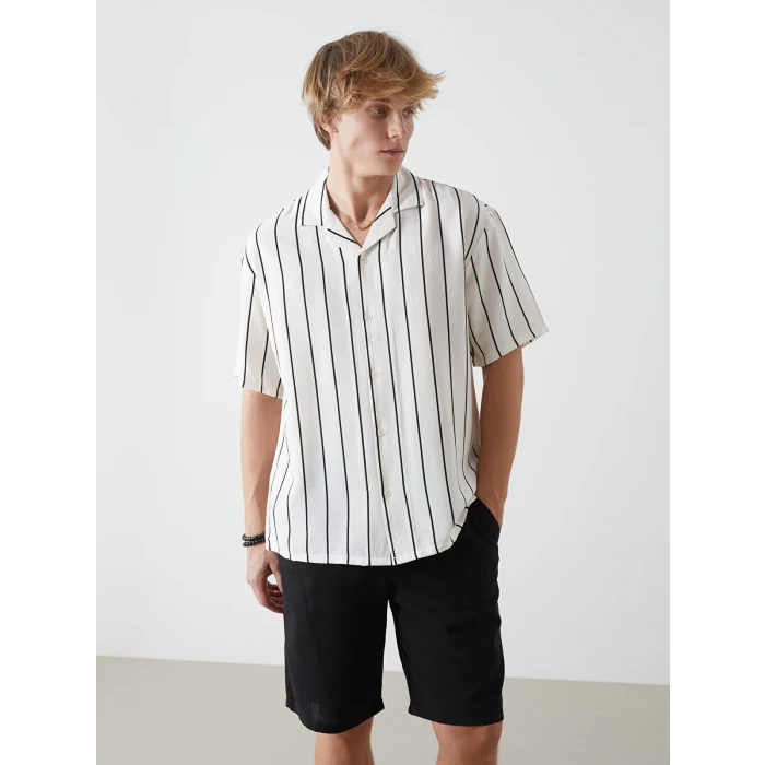 XSIDE Siyah Regular Fit Kısa Kollu Çizgili Erkek Gömlek