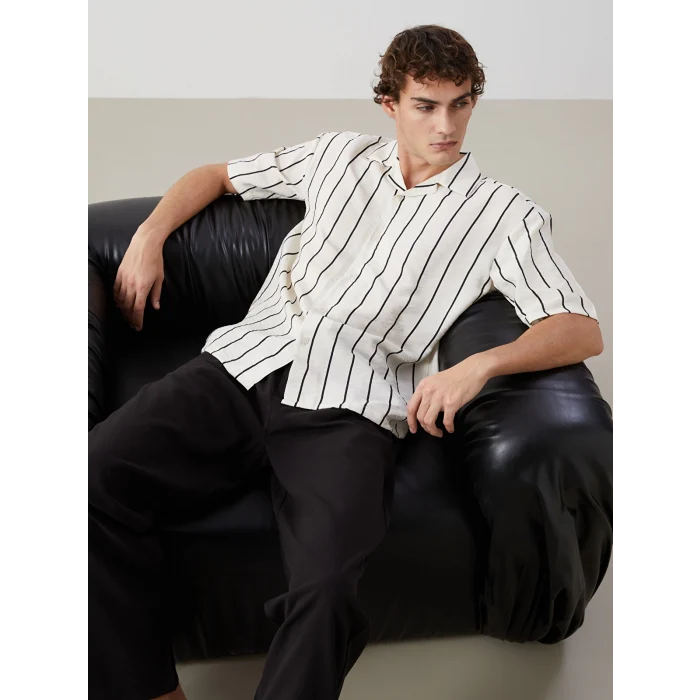 XSIDE Siyah Regular Fit Kısa Kollu Çizgili Erkek Gömlek