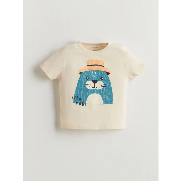 LCW baby Ekru Sevimli Baskılı Erkek Bebek Tişört ve Kısa Tayt 2li