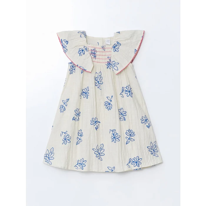 LCW Kids Ekru Çiçekli Büzgülü Kız Çocuk Keten Elbise