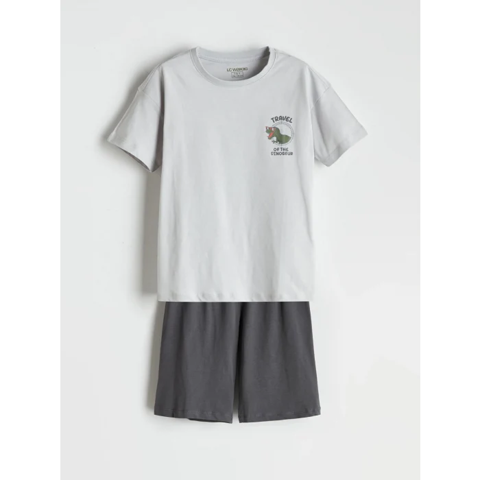 LCW Kids Gri Bisiklet Yaka Dinozor Baskılı Erkek Çocuk Şortlu Pijama Takımı