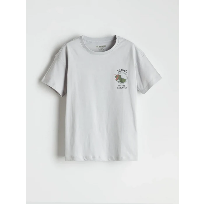 LCW Kids Gri Bisiklet Yaka Dinozor Baskılı Erkek Çocuk Şortlu Pijama Takımı