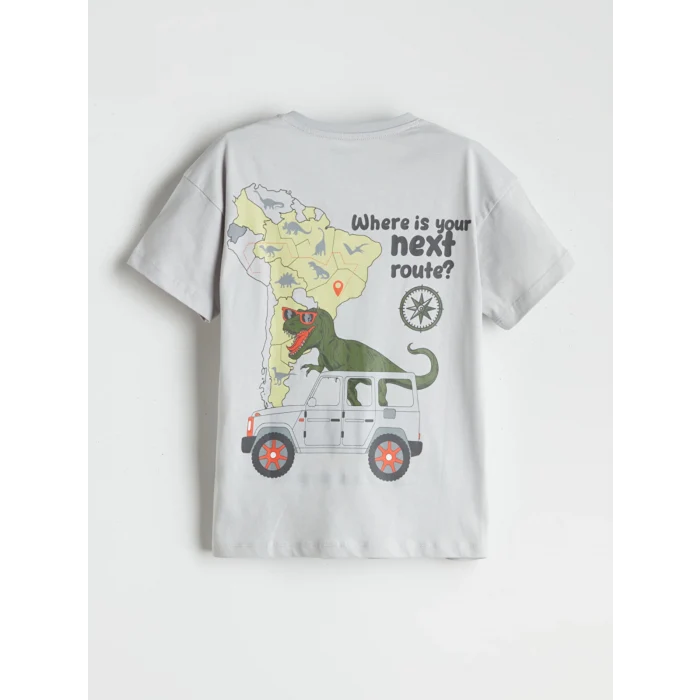 LCW Kids Gri Bisiklet Yaka Dinozor Baskılı Erkek Çocuk Şortlu Pijama Takımı