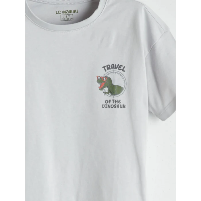 LCW Kids Gri Bisiklet Yaka Dinozor Baskılı Erkek Çocuk Şortlu Pijama Takımı