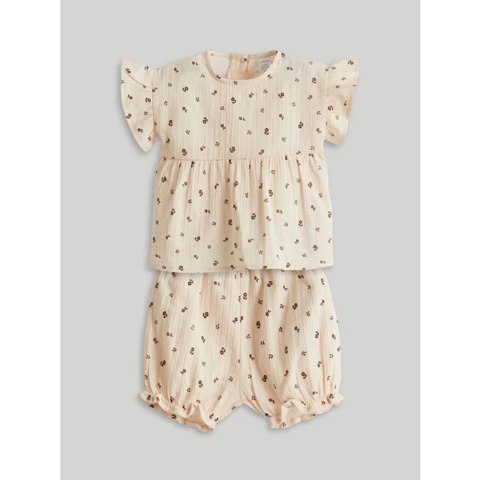 LCW baby Bej Çiçekli Müslin Kız Bebek Bluz ve Şort 2li