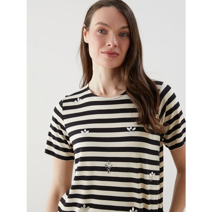 LCW Grace Siyah Bisiklet Yaka Çizgili Kadın Bluz