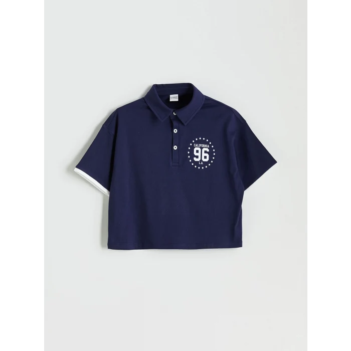 LCW Kids Lacivert Polo Yaka California Baskılı Kız Çocuk Crop Tişört