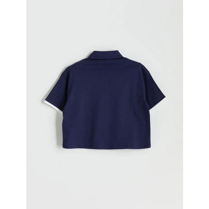 LCW Kids Lacivert Polo Yaka California Baskılı Kız Çocuk Crop Tişört