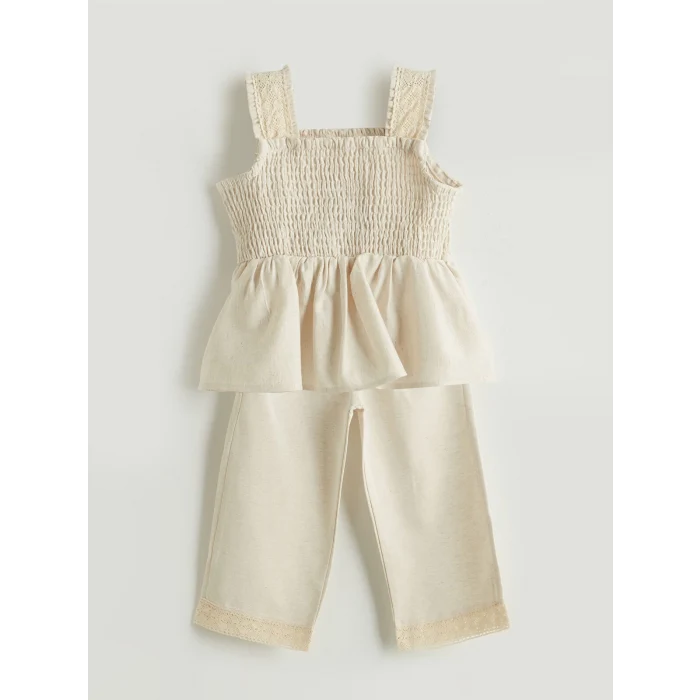 LCW Kids Bej Keten Görünümlü Kız Çocuk Bluz ve Pantolon 2li