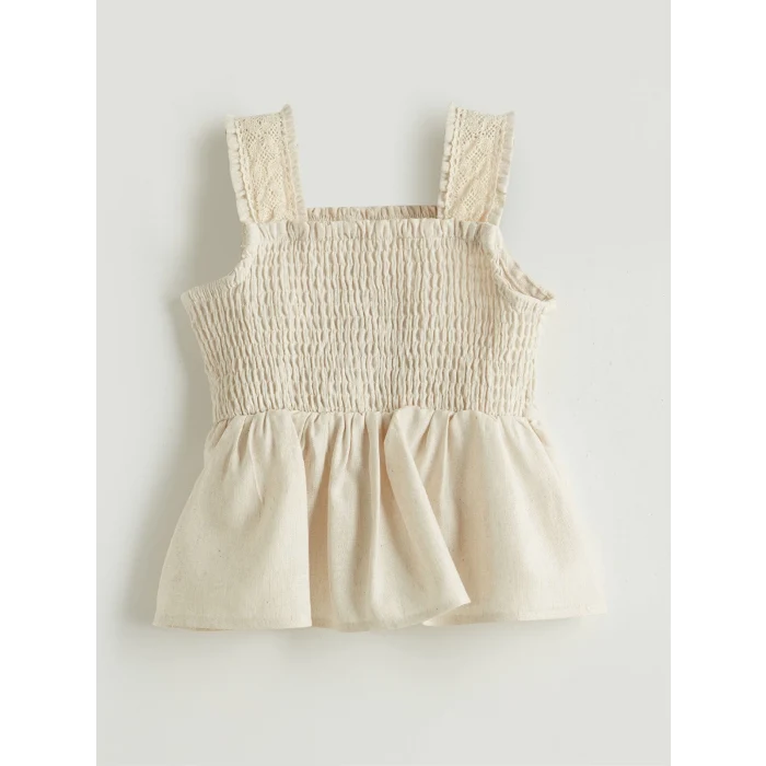 LCW Kids Bej Keten Görünümlü Kız Çocuk Bluz ve Pantolon 2li