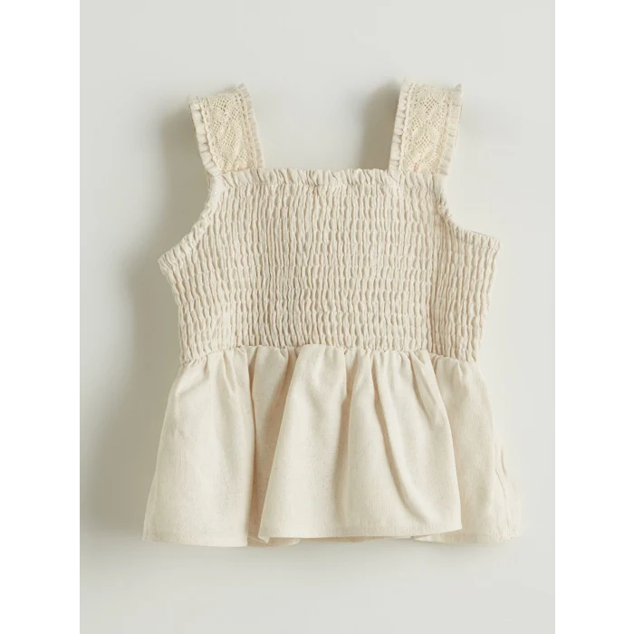 LCW Kids Bej Keten Görünümlü Kız Çocuk Bluz ve Pantolon 2li