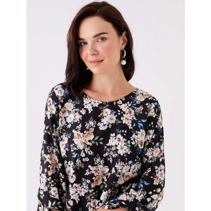 LCW Grace Siyah Bisiklet Yaka Çiçekli Uzun Kollu Kadın Bluz