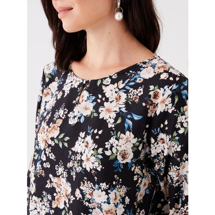 LCW Grace Siyah Bisiklet Yaka Çiçekli Uzun Kollu Kadın Bluz
