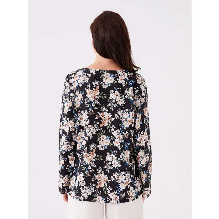 LCW Grace Siyah Bisiklet Yaka Çiçekli Uzun Kollu Kadın Bluz