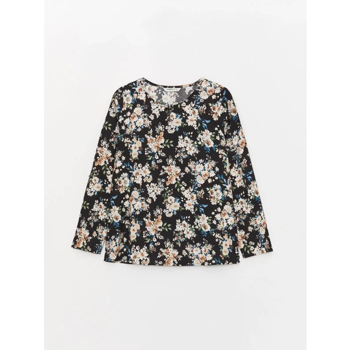 LCW Grace Siyah Bisiklet Yaka Çiçekli Uzun Kollu Kadın Bluz