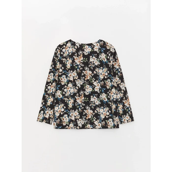 LCW Grace Siyah Bisiklet Yaka Çiçekli Uzun Kollu Kadın Bluz