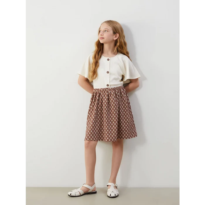 LCW Kids Ekru Bisiklet Yaka Kız Çocuk Elbise