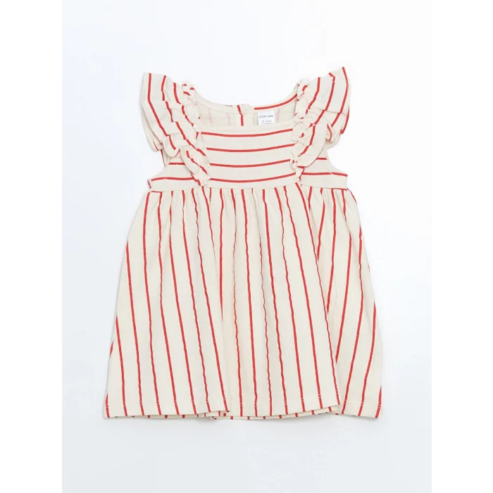 LCW baby Bej Arkası Düğmeli Çizgili İnterlok Kız Bebek Elbise