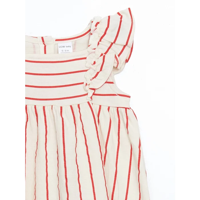 LCW baby Bej Arkası Düğmeli Çizgili İnterlok Kız Bebek Elbise