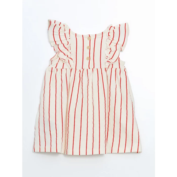 LCW baby Bej Arkası Düğmeli Çizgili İnterlok Kız Bebek Elbise
