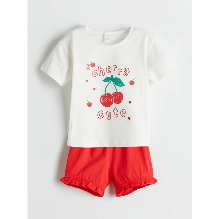 LCW baby Ekru Kiraz Baskılı Kız Bebek Tişört ve Şort 2li