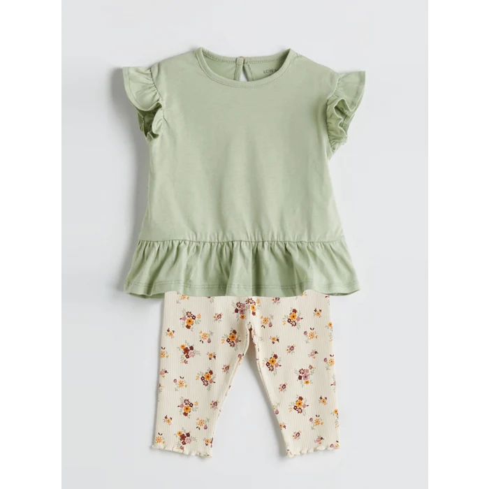 LCW baby Yeşil Kız Bebek Tişört ve Çiçekli Tayt 2li