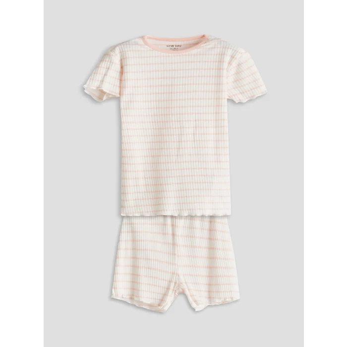 LCW baby Ekru Çizgili Kız Bebek Şortlu Pijama Takım