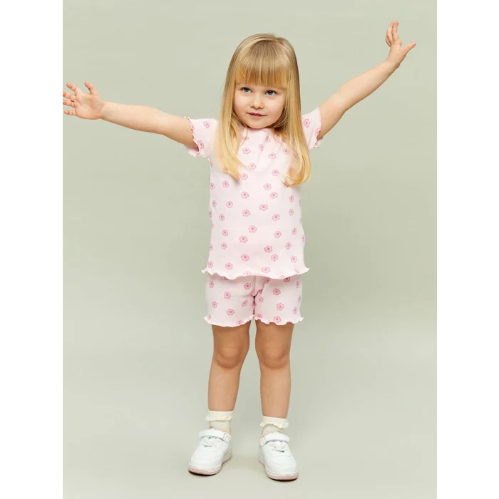 LCW baby Pembe Bisiklet Yaka Kız Bebek Şortlu Pijama Takımı