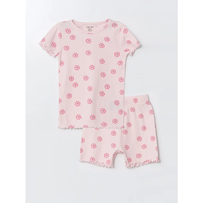 LCW baby Pembe Bisiklet Yaka Kız Bebek Şortlu Pijama Takımı