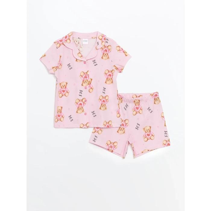 LCW Kids Pembe Gömlek Yaka Kız Çocuk Şortlu Pijama Takımı