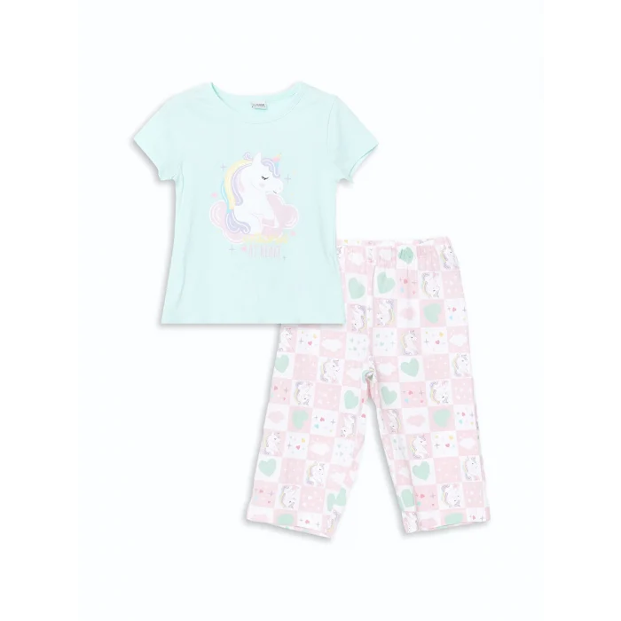 LCW Kids Turkuaz Bisiklet Yaka Baskılı Kız Çocuk Pijama Takımı