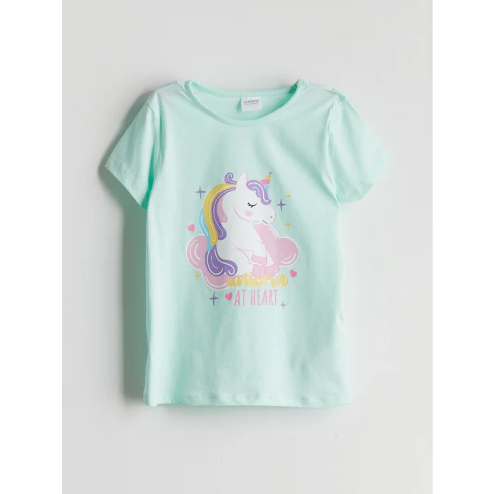 LCW Kids Turkuaz Bisiklet Yaka Baskılı Kız Çocuk Pijama Takımı