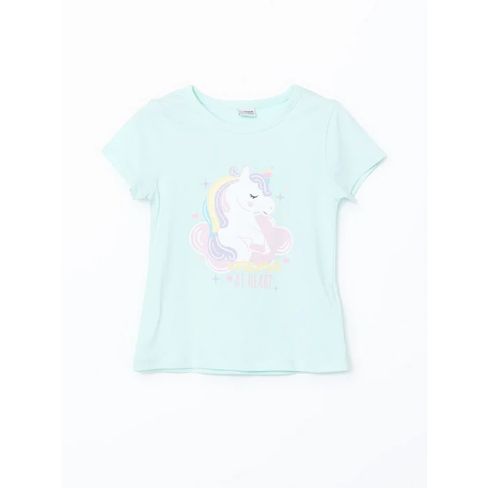 LCW Kids Turkuaz Bisiklet Yaka Baskılı Kız Çocuk Pijama Takımı