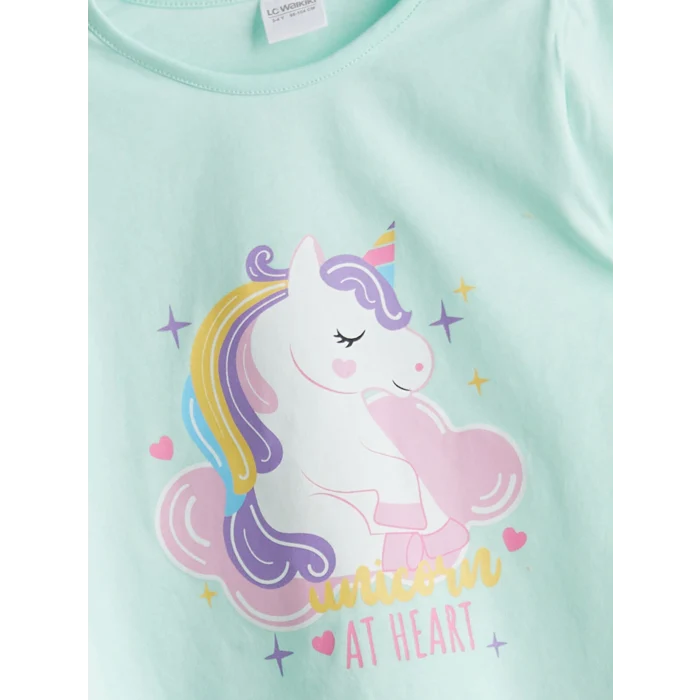 LCW Kids Turkuaz Bisiklet Yaka Baskılı Kız Çocuk Pijama Takımı