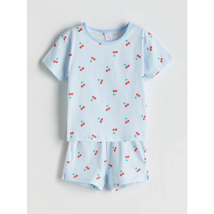 LCW baby Mavi Kiraz Baskılı Kız Bebek Tişört ve Şort 2li