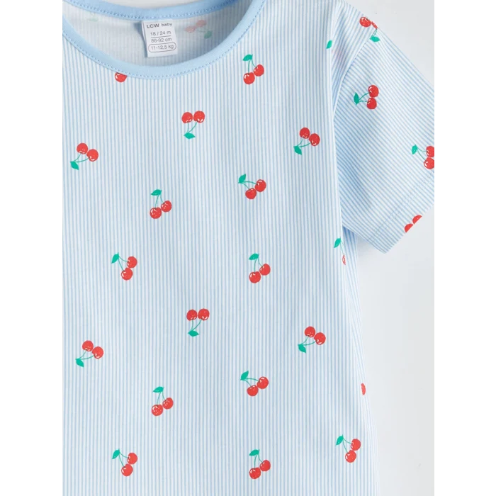 LCW baby Mavi Kiraz Baskılı Kız Bebek Tişört ve Şort 2li