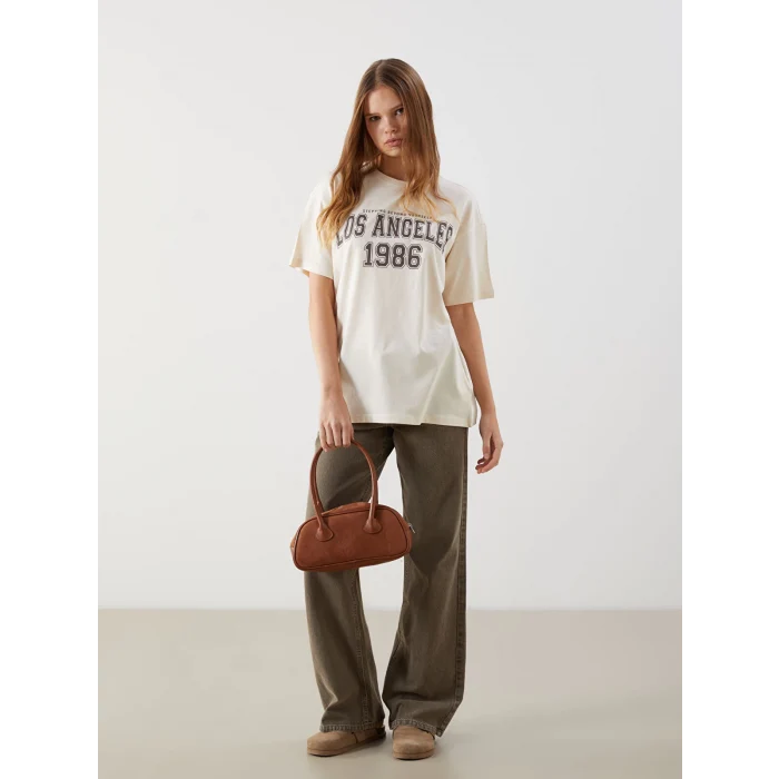 XSIDE Bej Bisiklet Yaka Los Angeles Baskılı Kadın Tişört