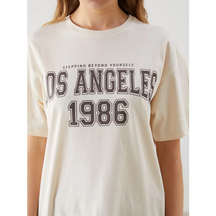 XSIDE Bej Bisiklet Yaka Los Angeles Baskılı Kadın Tişört