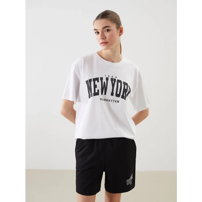XSIDE Beyaz Bisiklet Yaka New York Baskılı Kadın Tişört