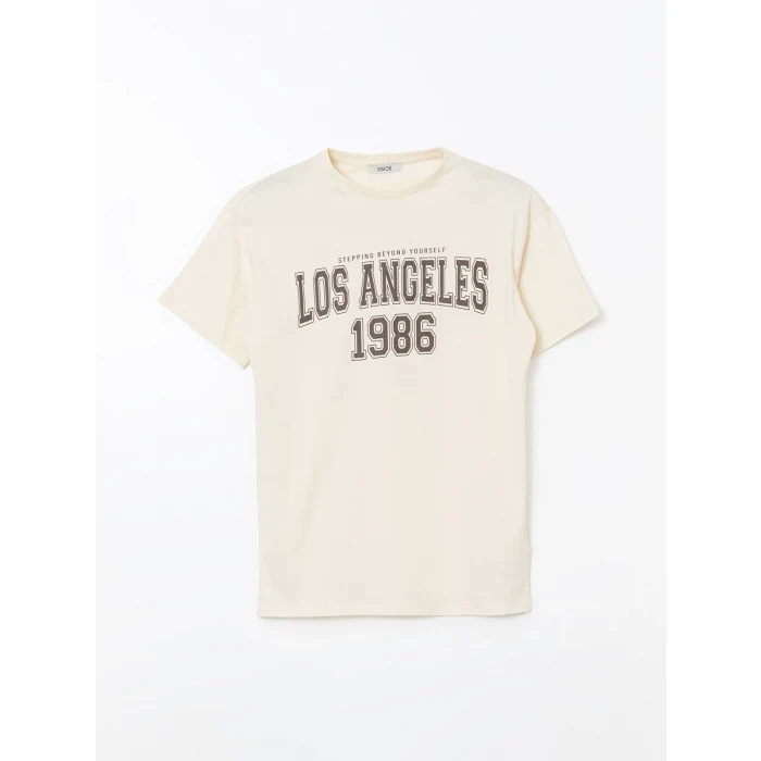XSIDE Bej Bisiklet Yaka Los Angeles Baskılı Kadın Tişört