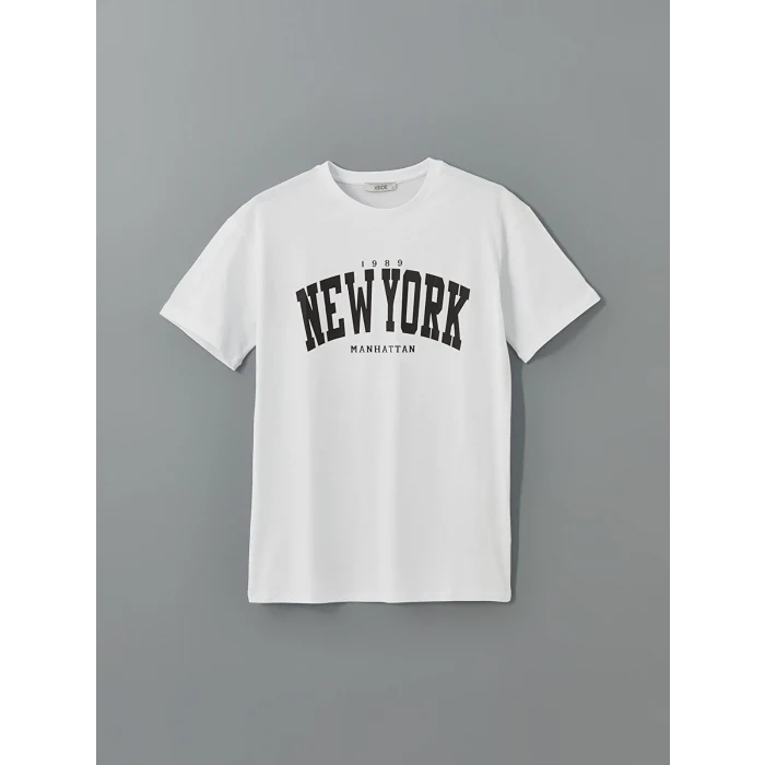 XSIDE Beyaz Bisiklet Yaka New York Baskılı Kadın Tişört