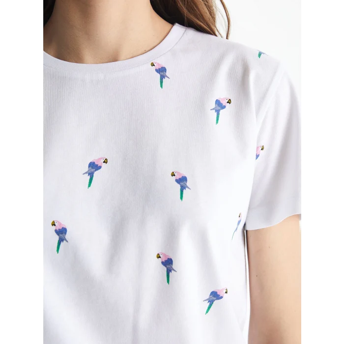 XSIDE Beyaz Bisiklet Yaka Desenli Kadın Tişört