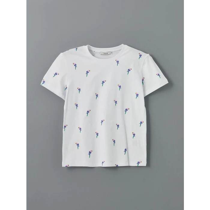 XSIDE Beyaz Bisiklet Yaka Desenli Kadın Tişört