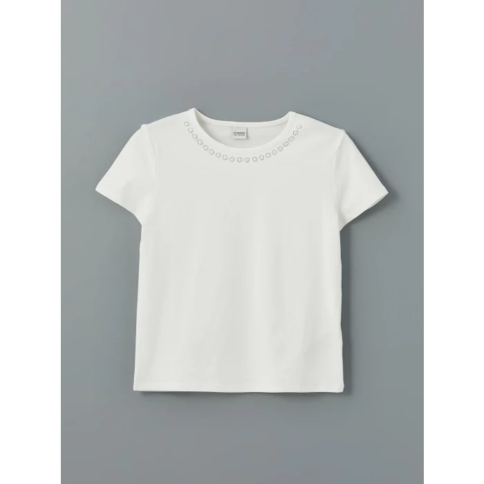 LCW Kids Ekru Bisiklet Yaka Taşlı Kız Çocuk Tişört