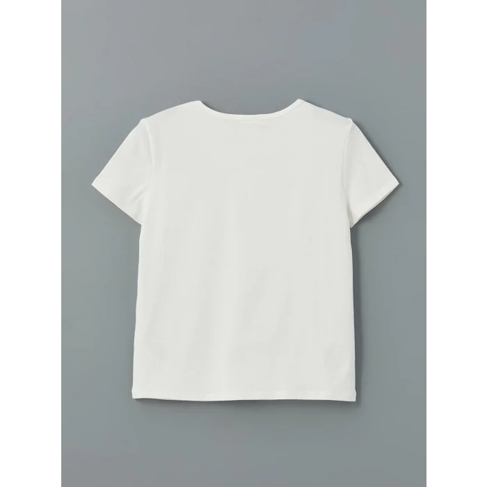 LCW Kids Ekru Bisiklet Yaka Taşlı Kız Çocuk Tişört