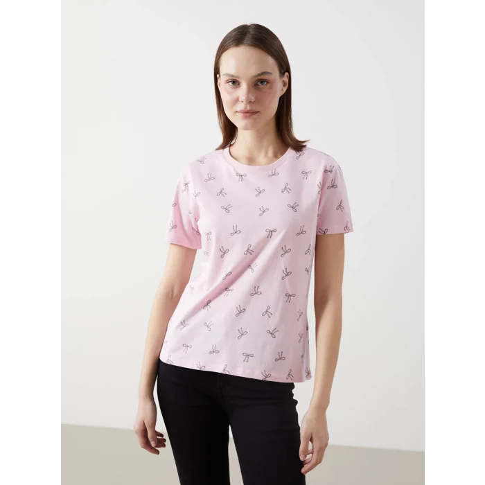 XSIDE Pembe Bisiklet Yaka Desenli Kadın Tişört